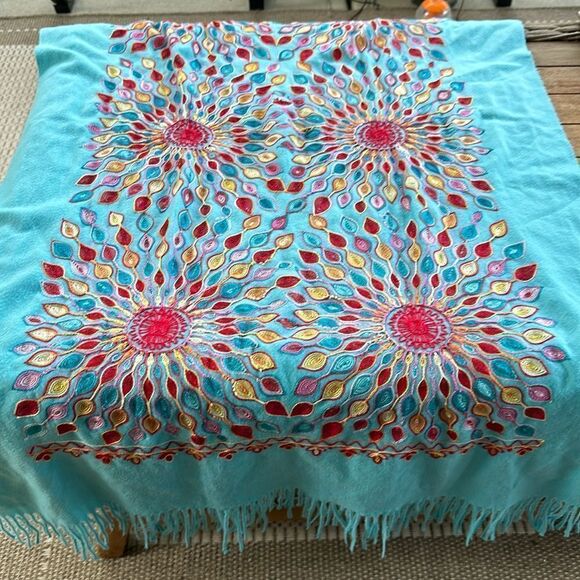 Embroidered large Vintage Paisley Cashmere Wool Soft Shawl Scarf - Picture 1 of 4